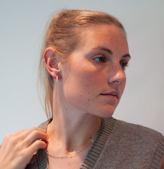 Small Gold Plated Sterling Silver Huggie Hoops w/ Pearl Beads - 151