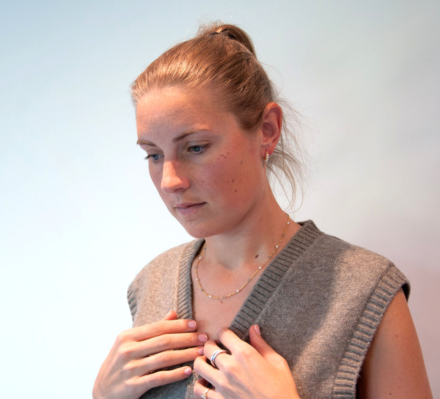 Small Gold Plated Sterling Silver Huggie Hoops w/ Pearl Beads - 151