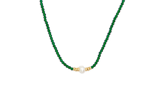 Green Spinel Necklace with Central Almost Round Pearl - 123
