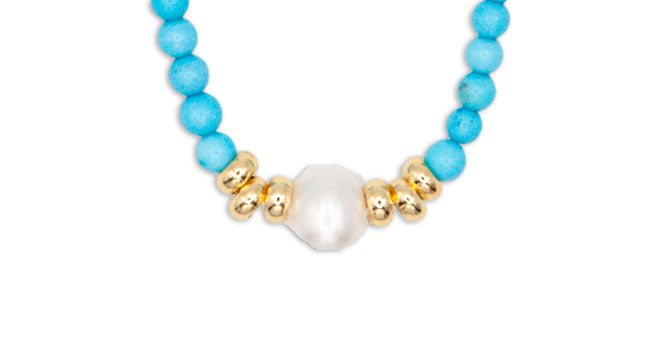 Turquoise Spinel Necklace with Central Almost Round Pearl - 124
