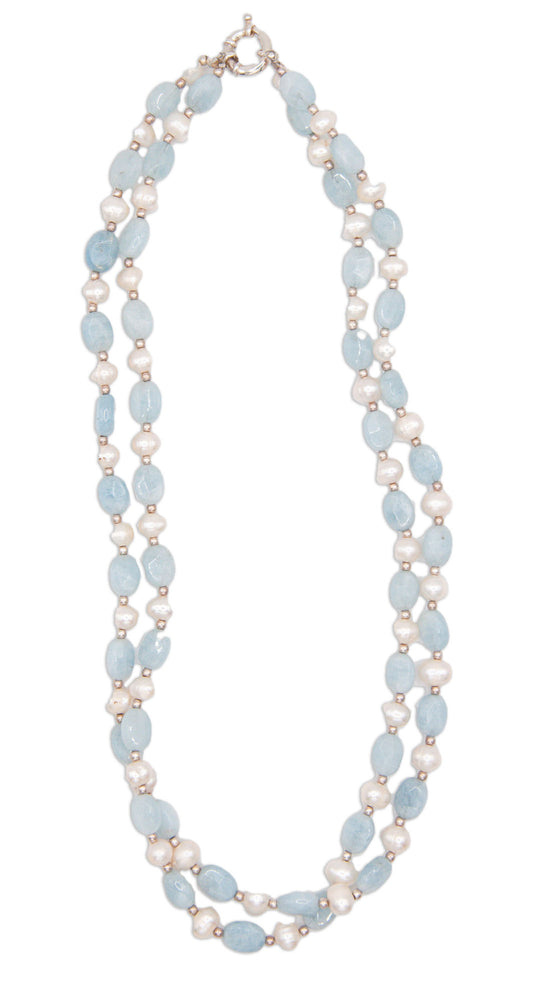 Double Strand Aquamarine & Freshwater Pearl Necklace - 121