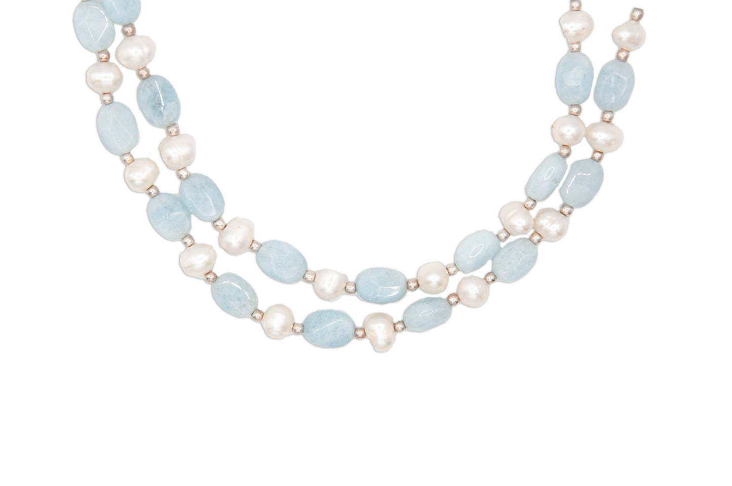Double Strand Aquamarine & Freshwater Pearl Necklace - 121