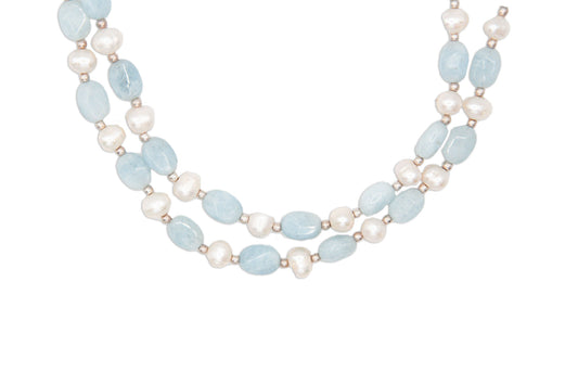 Double Strand Aquamarine & Freshwater Pearl Necklace - 121