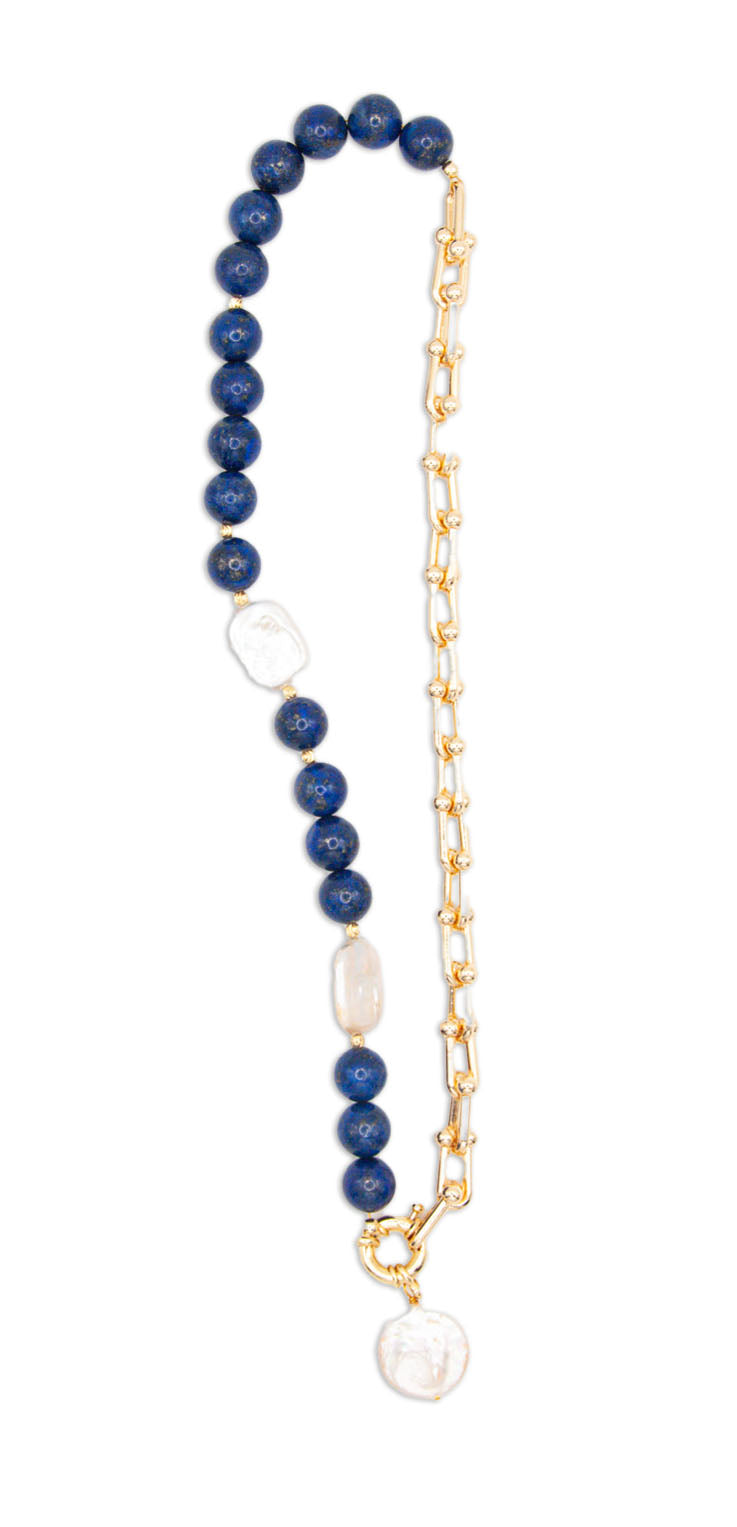 Round Lapis & Freshwater Pearl Necklace on 18ct Gold Chain - 127