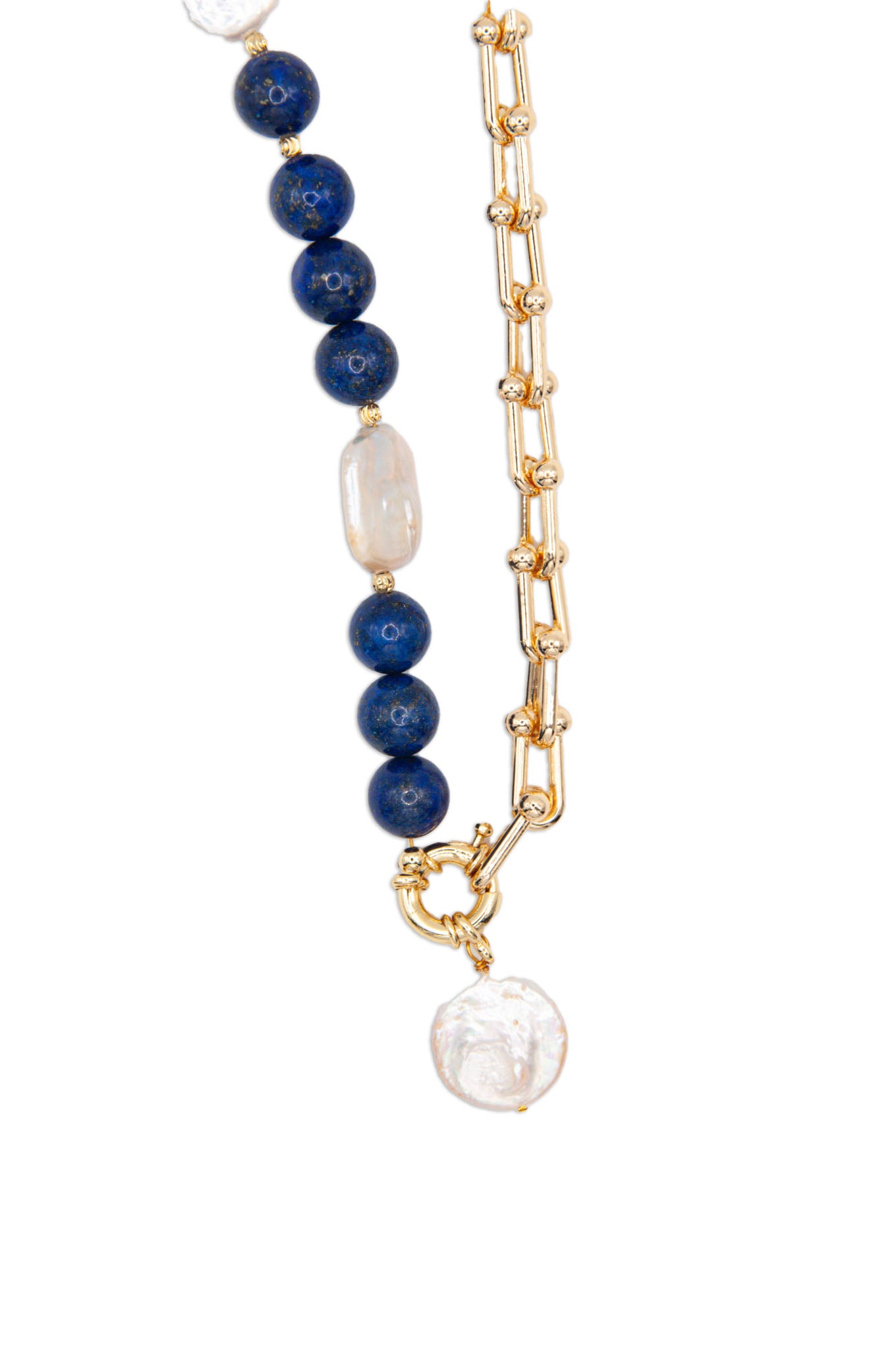 Round Lapis & Freshwater Pearl Necklace on 18ct Gold Chain - 127