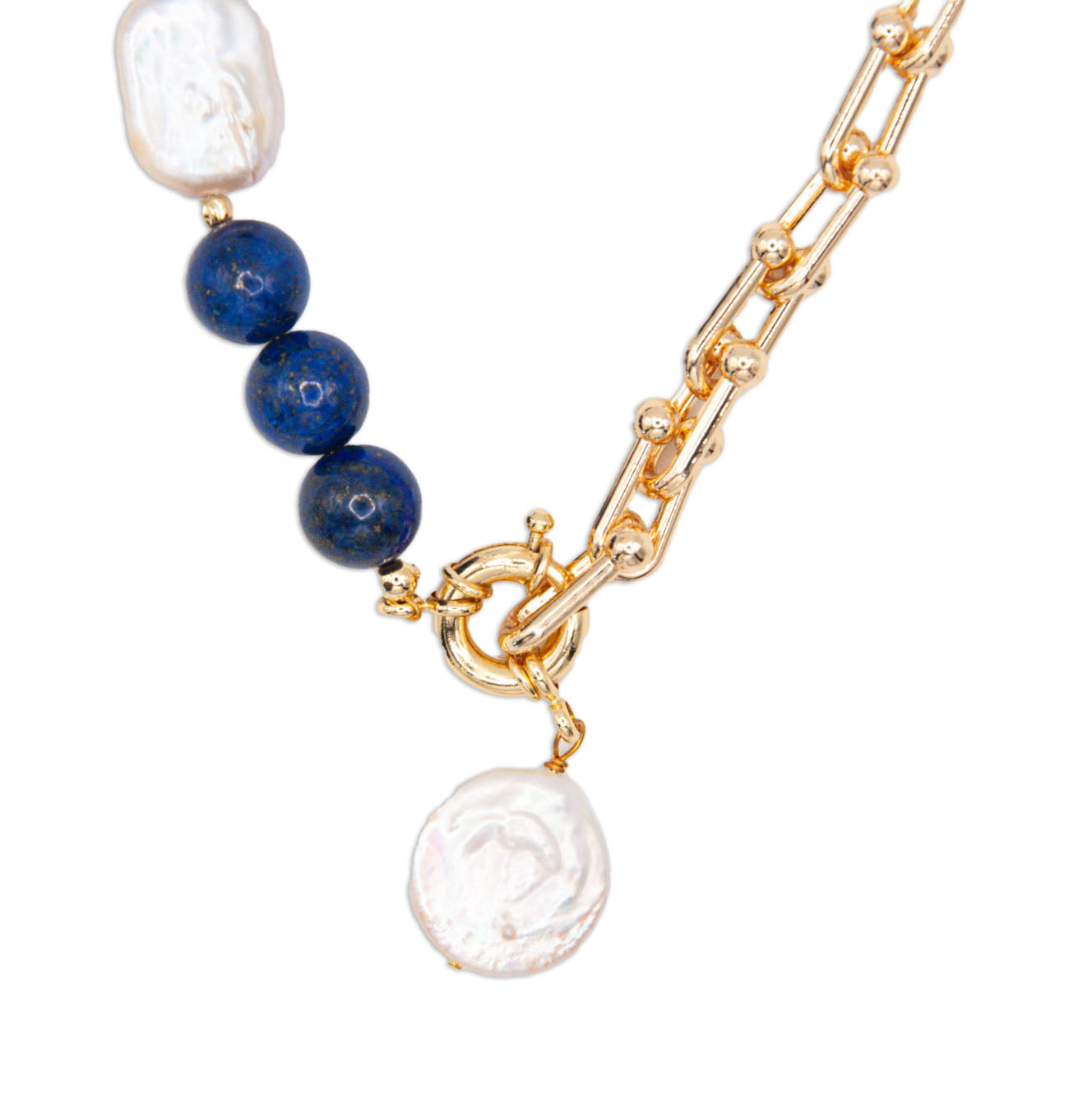Round Lapis & Freshwater Pearl Necklace on 18ct Gold Chain - 127
