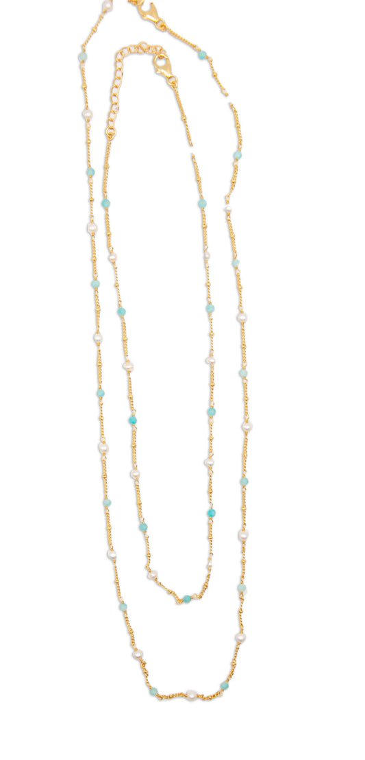 Gemstone Chain Necklace Amazonite & Pearl - 115