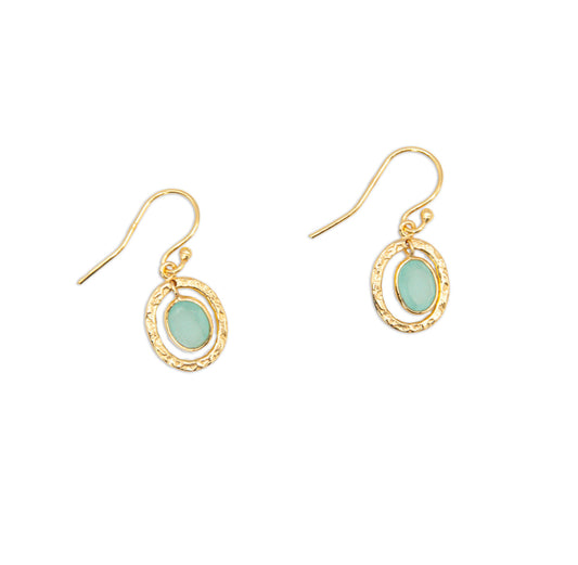 Hammered Oval & Gemstone Drop Earrings - Aqua Chalcedony - 159