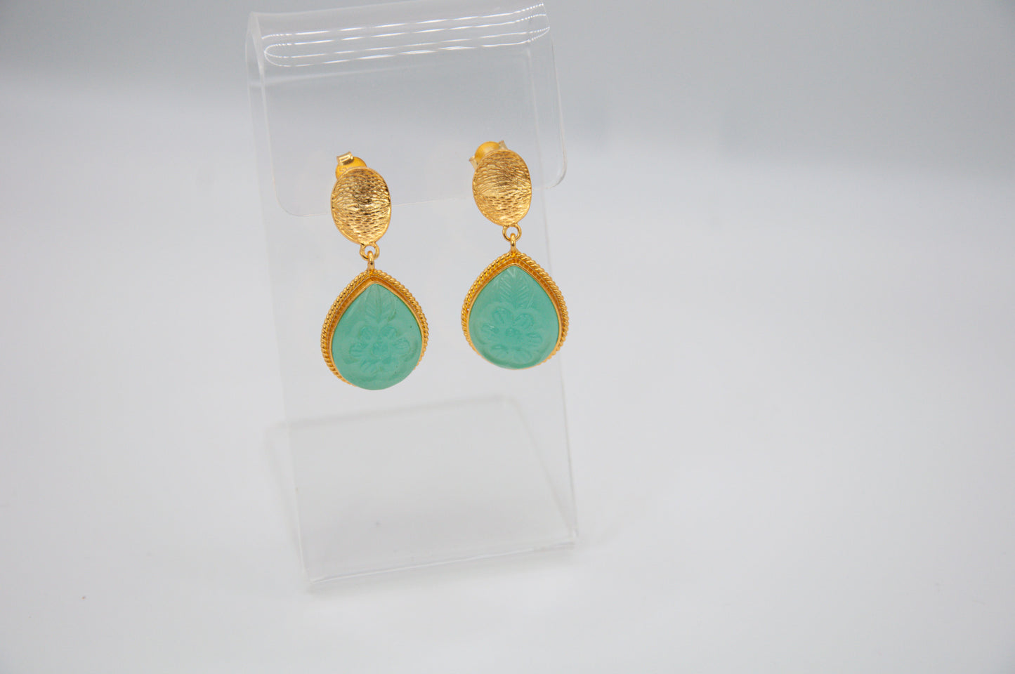 Teardrop Carved Gemstone & Carved Stud Earrings - Aqua Chalcedony - 160