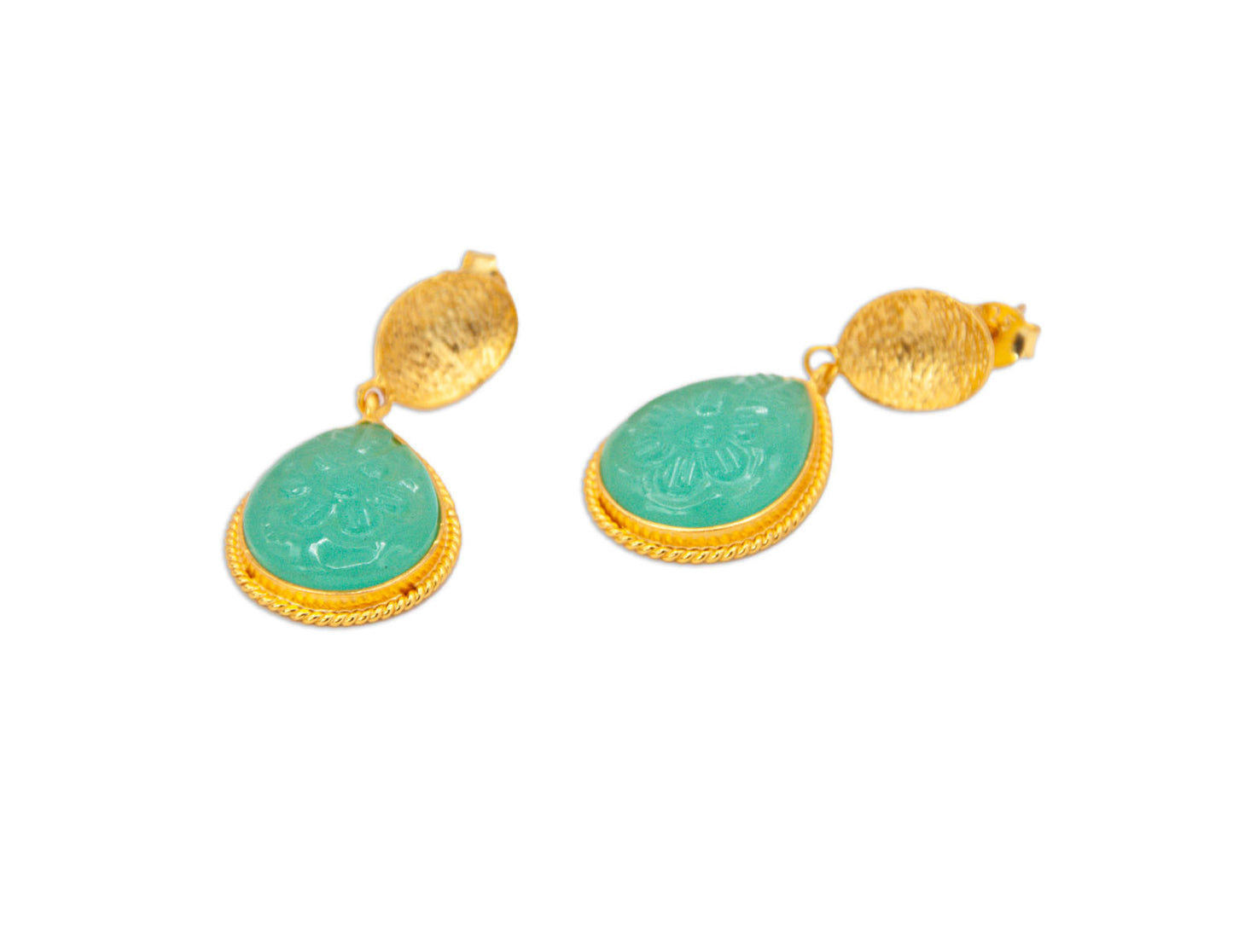 Teardrop Carved Gemstone & Carved Stud Earrings - Aqua Chalcedony - 160