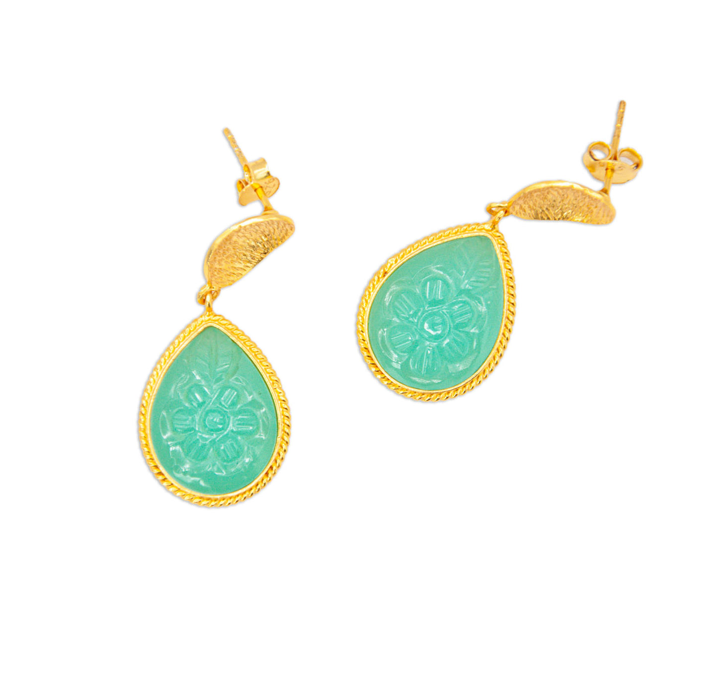 Teardrop Carved Gemstone & Carved Stud Earrings - Aqua Chalcedony - 160