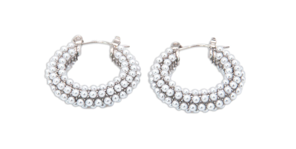 Chunky Sterling Silver Hoop Earrings w/ Tiny Pearls - 137