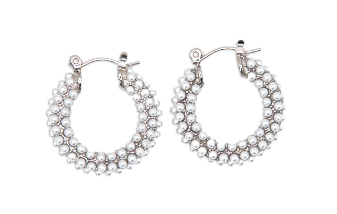 Chunky Sterling Silver Hoop Earrings w/ Tiny Pearls - 137