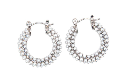 Chunky Sterling Silver Hoop Earrings w/ Tiny Pearls - 137