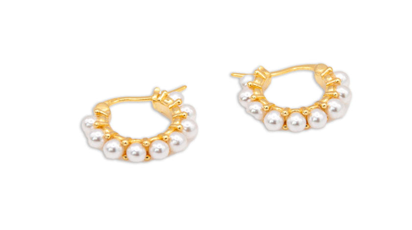 Small Gold Plated Sterling Silver Huggie Hoops w/ Pearl Beads - 151