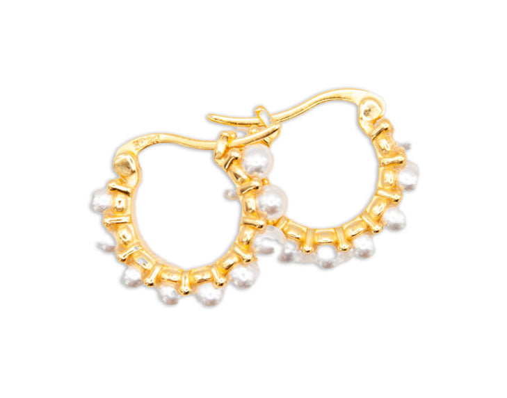 Small Gold Plated Sterling Silver Huggie Hoops w/ Pearl Beads - 151