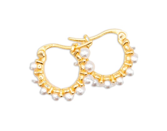 Small Gold Plated Sterling Silver Huggie Hoops w/ Pearl Beads - 151