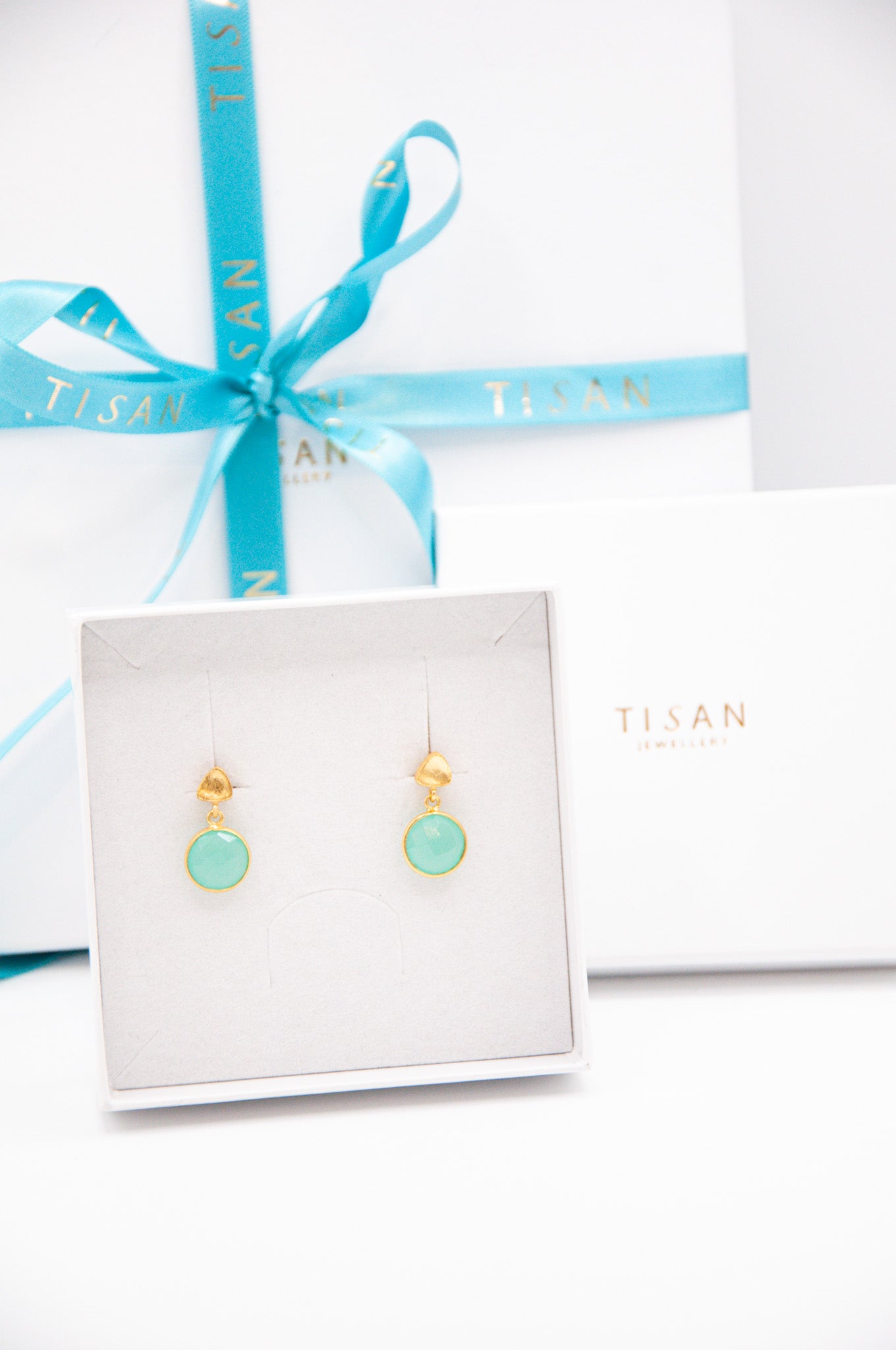 Brushed Stud & Semi Precious Drop - Aqua Chalcedony - 030