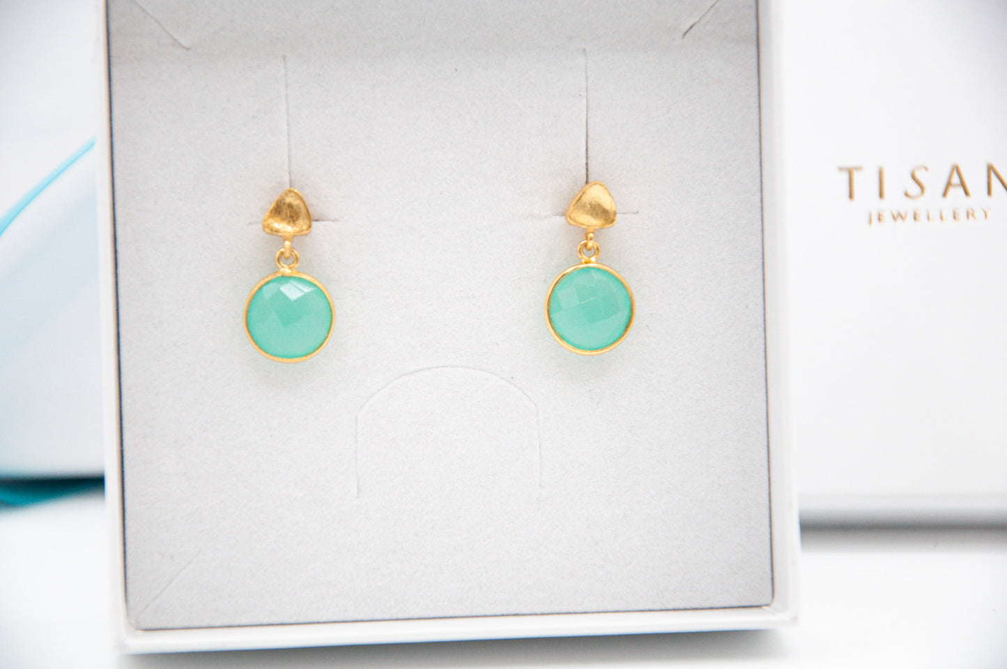 Brushed Stud & Semi Precious Drop - Aqua Chalcedony - 030