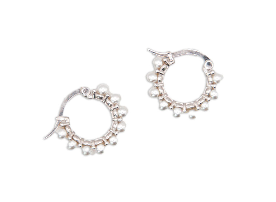 Small Sterling Silver Huggie Hoops w/ Pearl Beads - 138