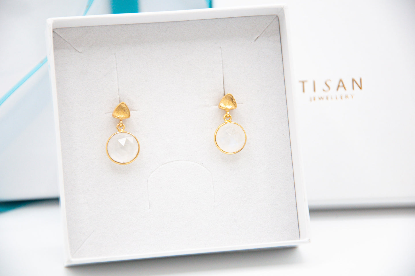 Brushed Stud & Semi Precious Drop - Rainbow Moonstone - 029