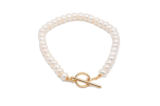 Oval Freshwater Pearl Bracelet with Gold Plate Toggle Clasp - 145