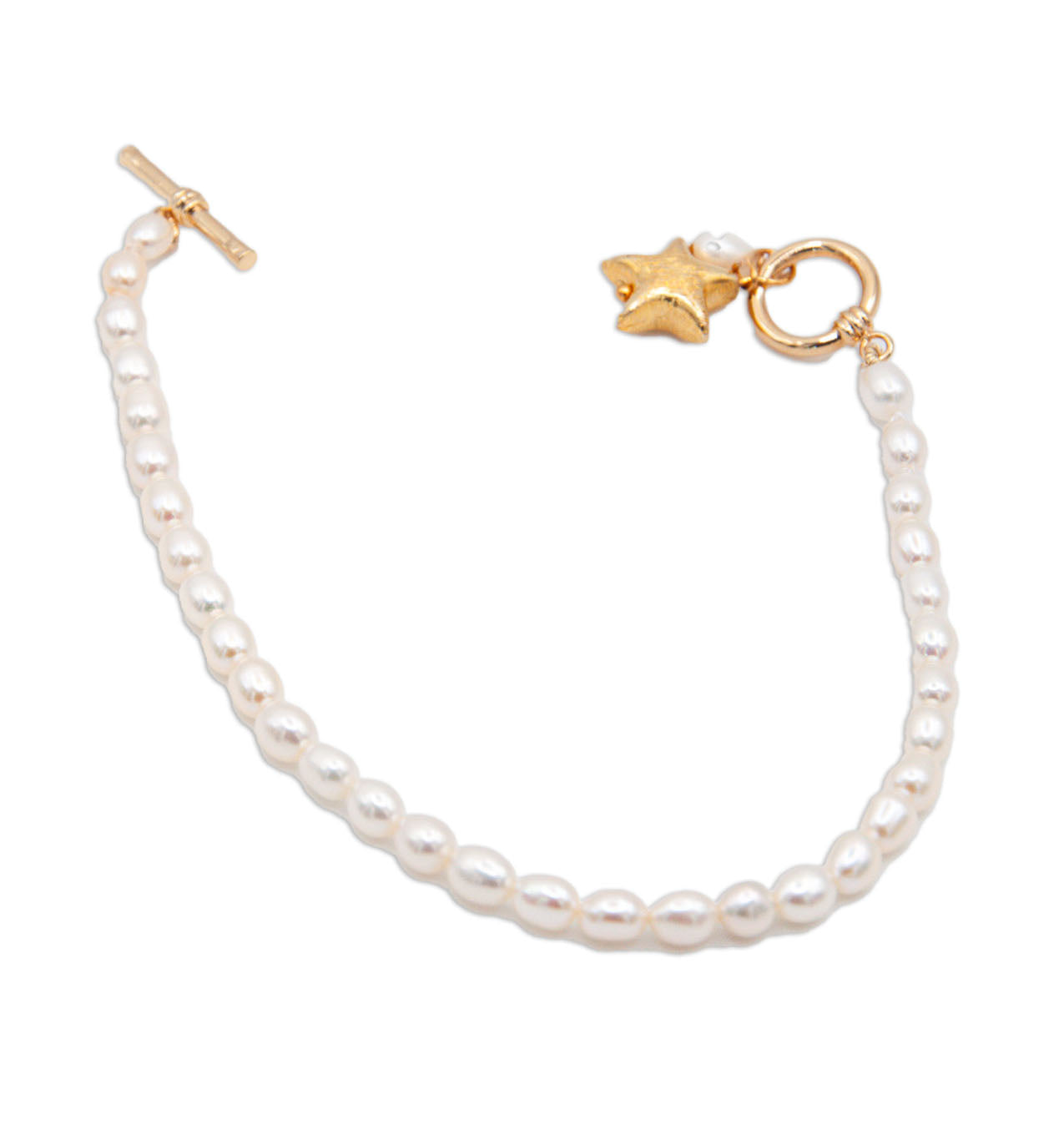 Oval Freshwater Pearl Bracelet with Gold Plate Toggle Clasp & Star Charm - 144