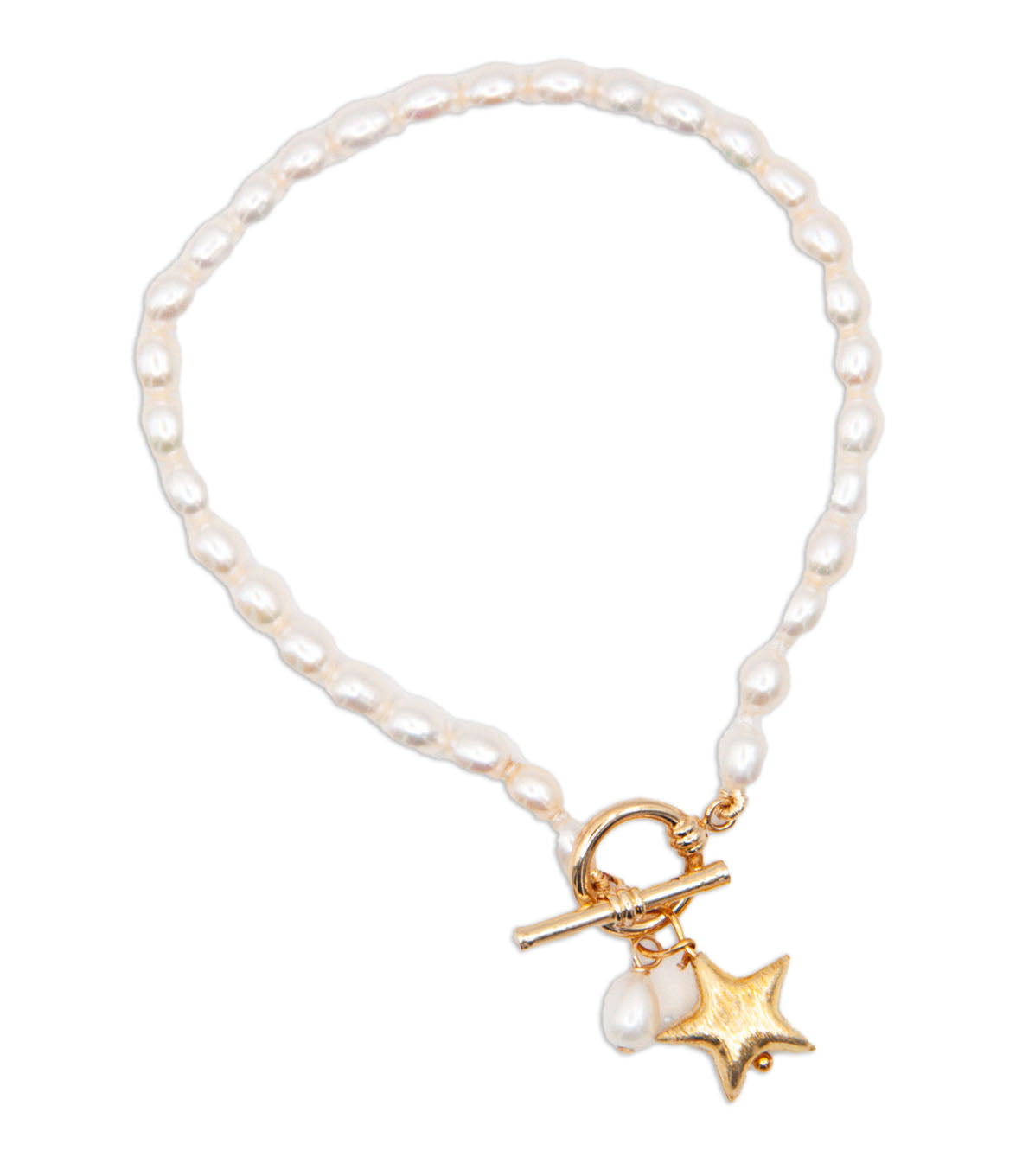 Oval Freshwater Pearl Bracelet with Gold Plate Toggle Clasp & Star Charm - 144