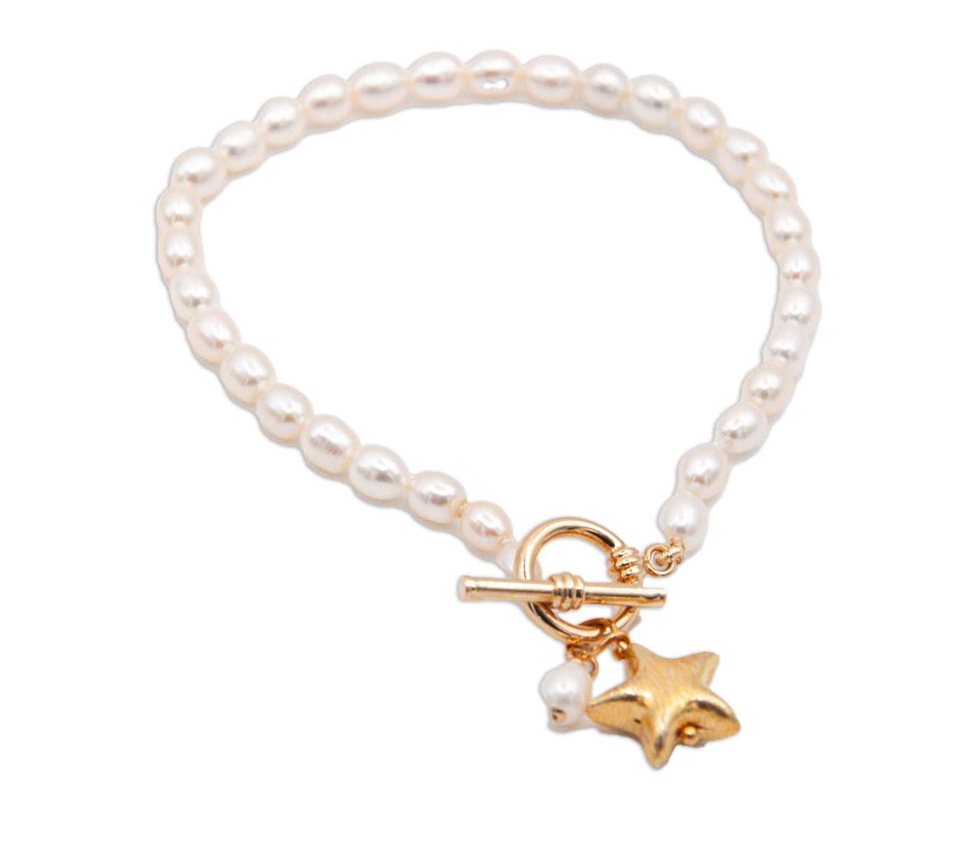 Oval Freshwater Pearl Bracelet with Gold Plate Toggle Clasp & Star Charm - 144