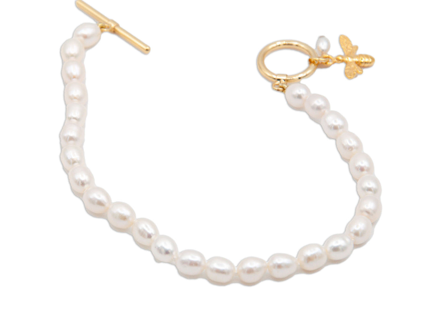 Oval Freshwater Pearl Bracelet with Gold Plate Toggle Clasp & Bee Charm - 143