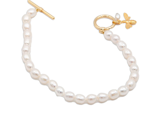 Oval Freshwater Pearl Bracelet with Gold Plate Toggle Clasp & Bee Charm - 143
