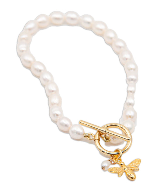 Oval Freshwater Pearl Bracelet with Gold Plate Toggle Clasp & Bee Charm - 143