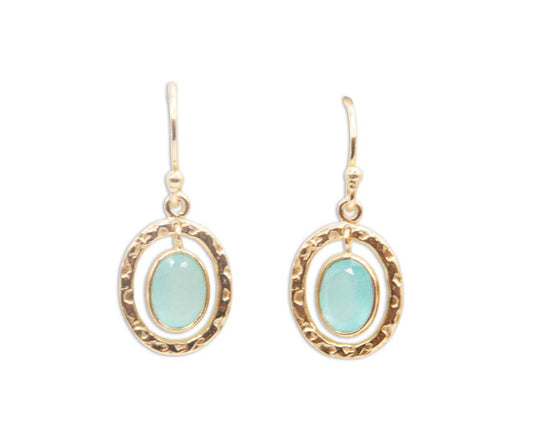 Hammered Oval & Gemstone Drop Earrings - Aqua Chalcedony - 159