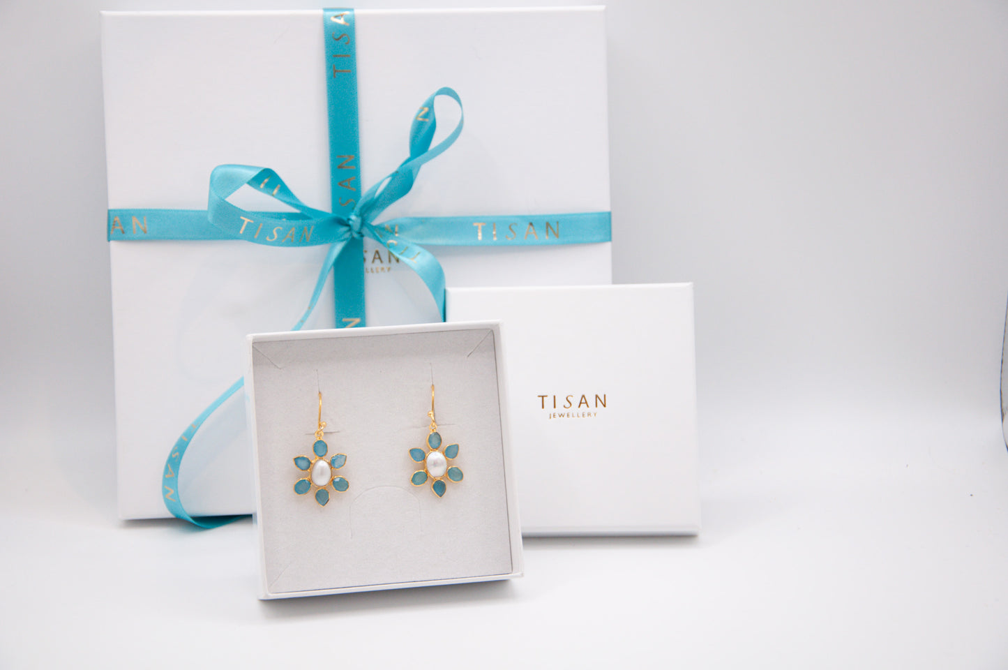 Blue Chalcedony and Pearl Flower Drop Earrings - 026