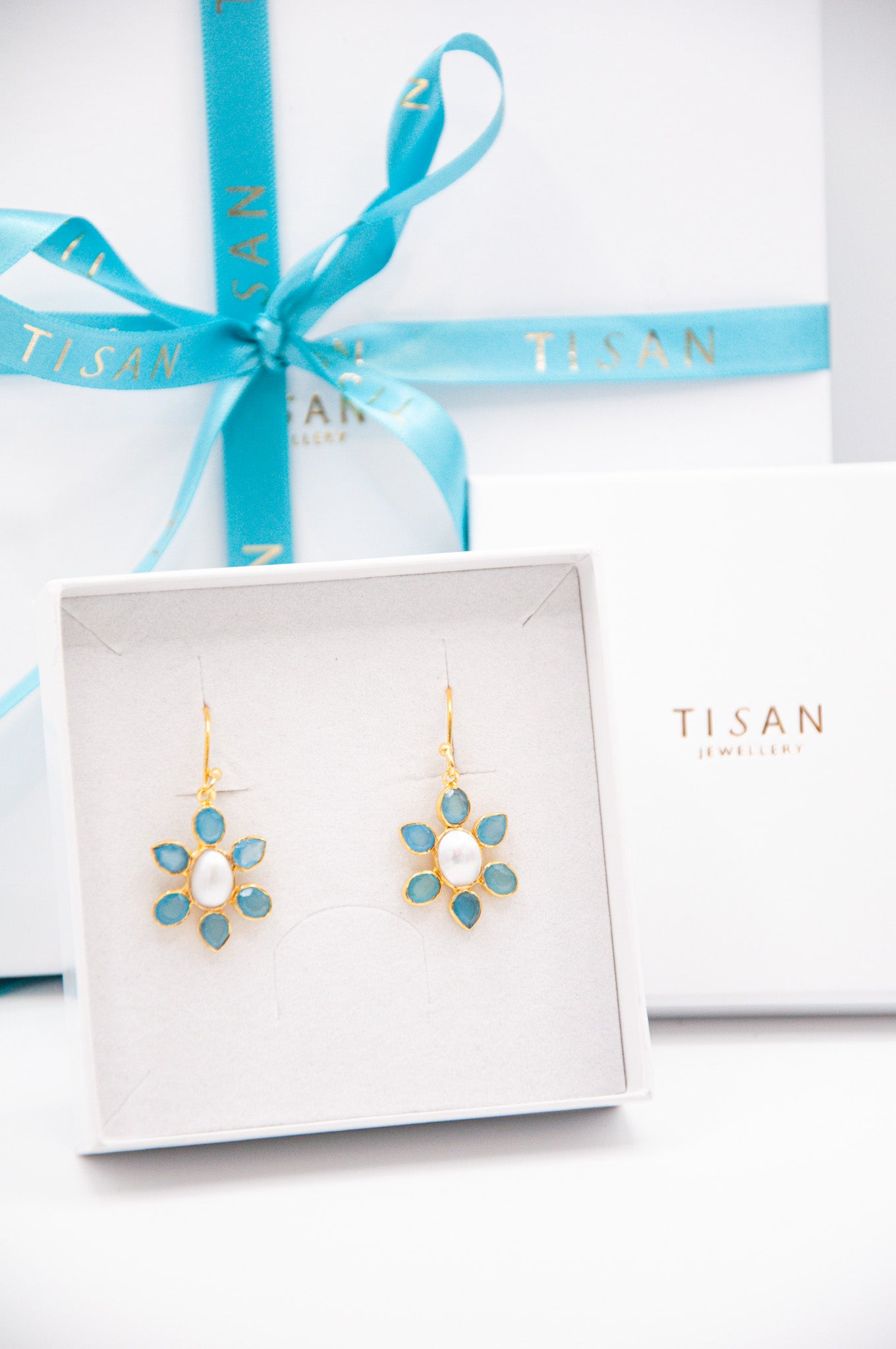 Blue Chalcedony and Pearl Flower Drop Earrings - 026