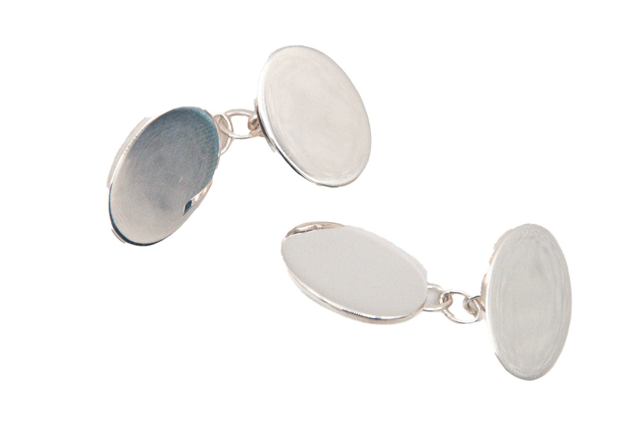 Plain Double Oval Sterling Silver Chain Cufflinks - 036