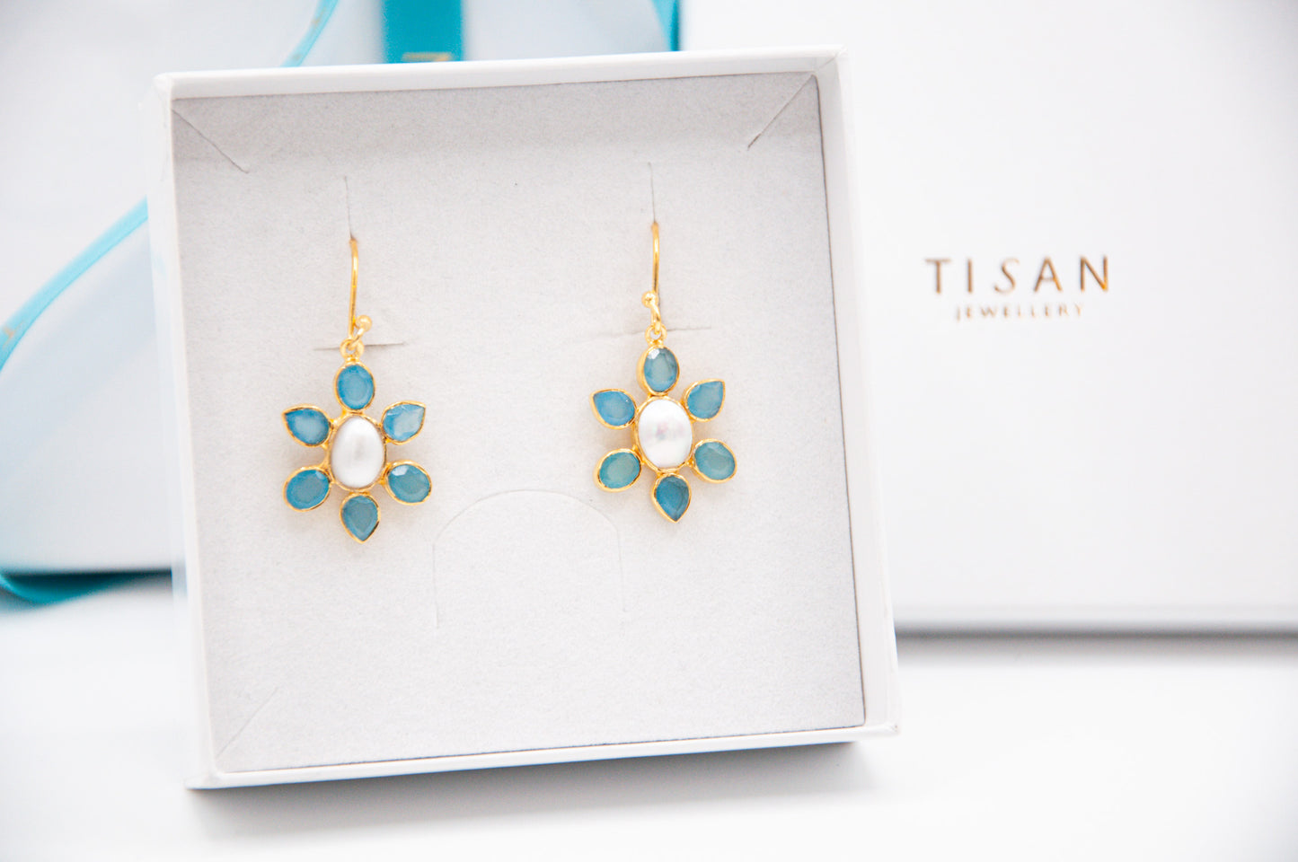 Blue Chalcedony and Pearl Flower Drop Earrings - 026