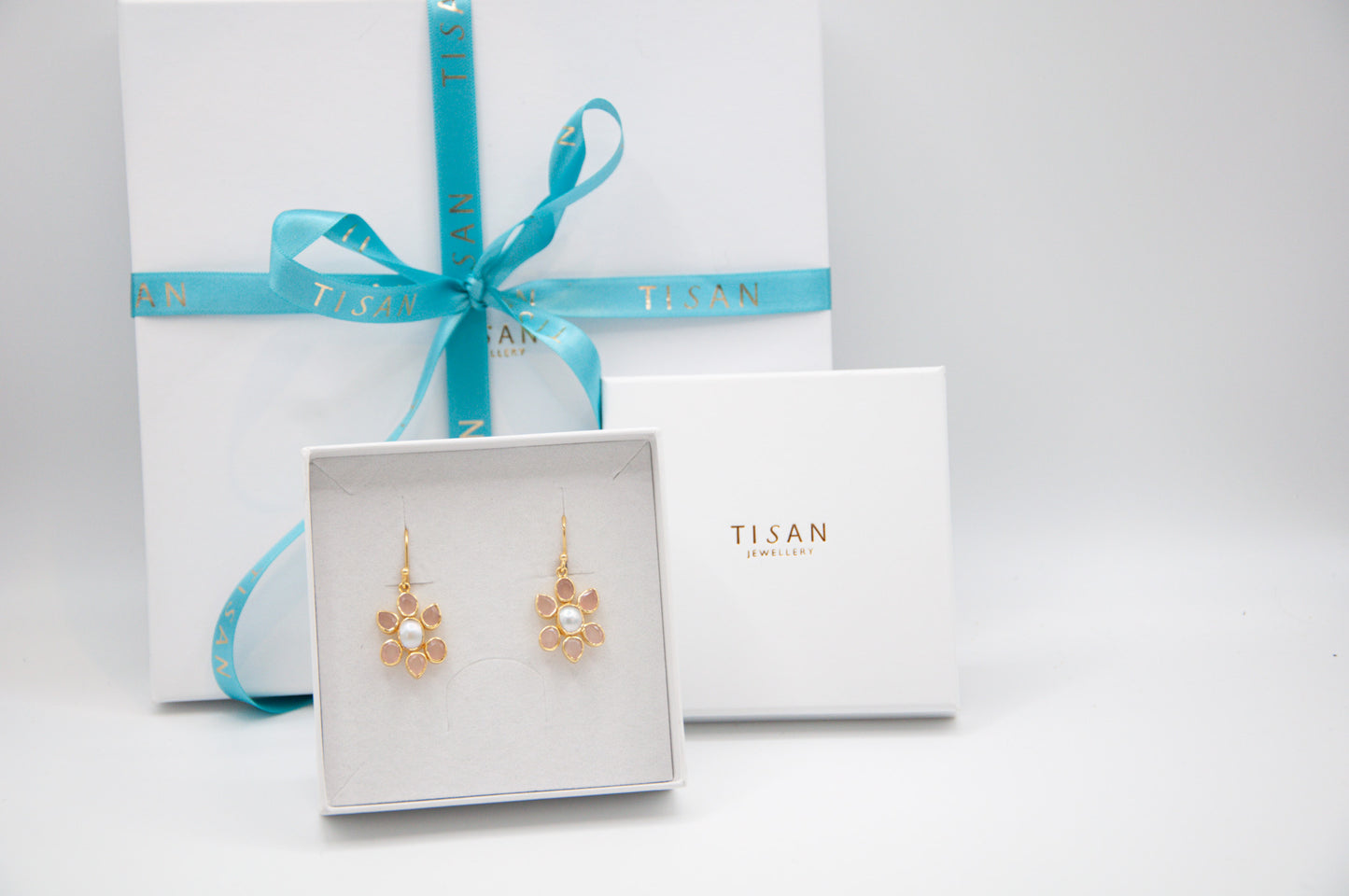 Pink Chalcedony and Pearl Flower Drop Earrings - 027