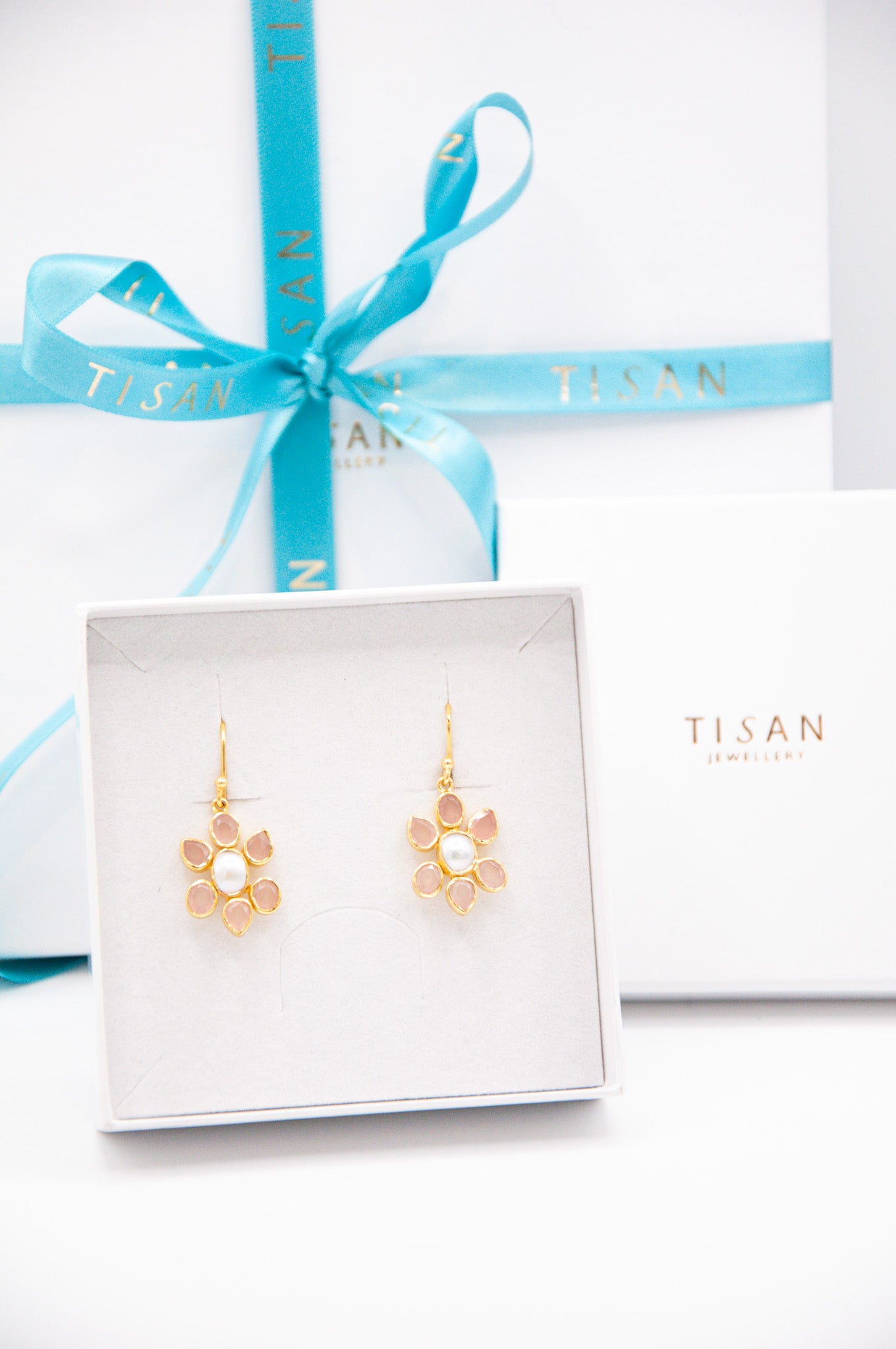 Pink Chalcedony and Pearl Flower Drop Earrings - 027