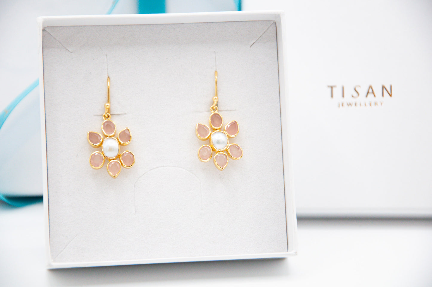 Pink Chalcedony and Pearl Flower Drop Earrings - 027