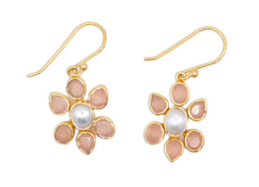 Pink Chalcedony and Pearl Flower Drop Earrings - 027