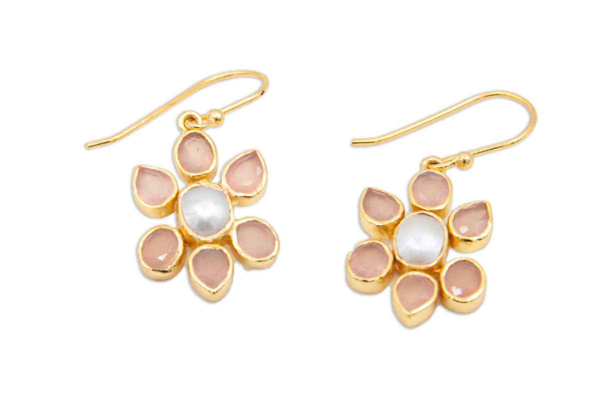 Pink Chalcedony and Pearl Flower Drop Earrings - 027