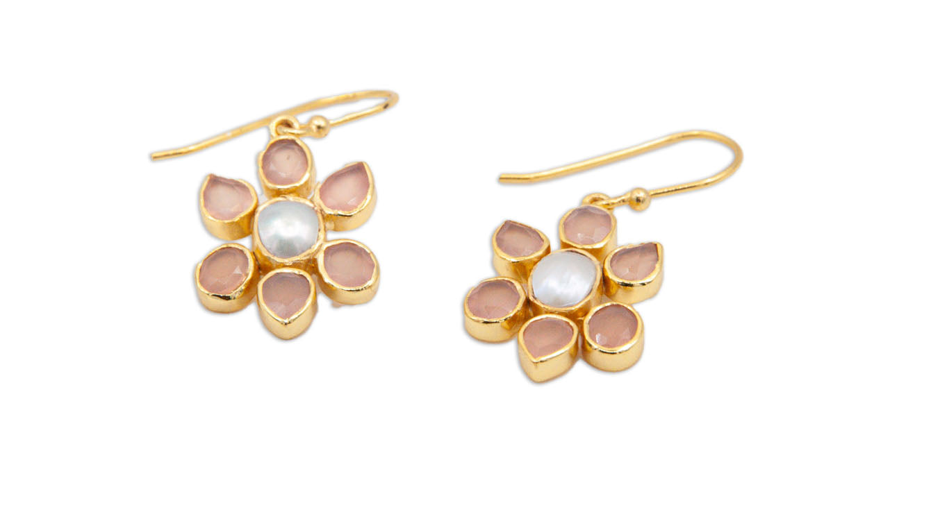 Pink Chalcedony and Pearl Flower Drop Earrings - 027