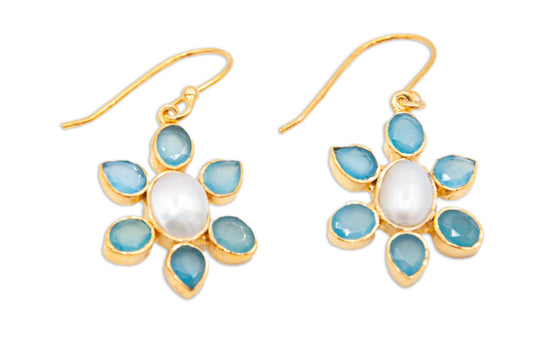 Blue Chalcedony and Pearl Flower Drop Earrings - 026