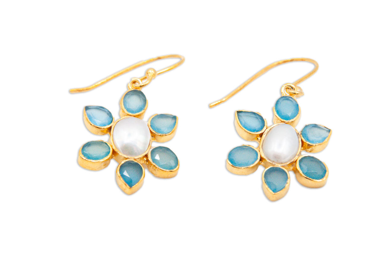 Blue Chalcedony and Pearl Flower Drop Earrings - 026