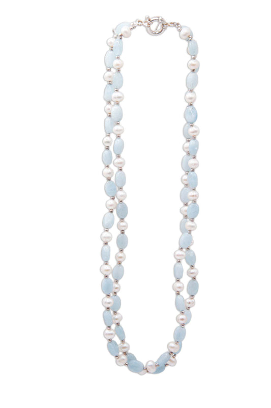 Double Strand Aquamarine & Freshwater Pearl Necklace - 121