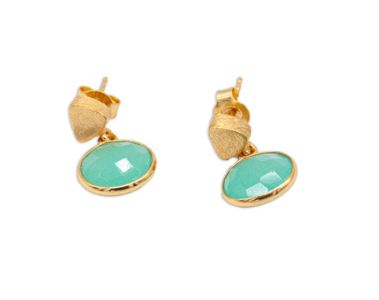 Brushed Stud & Semi Precious Drop - Aqua Chalcedony - 030