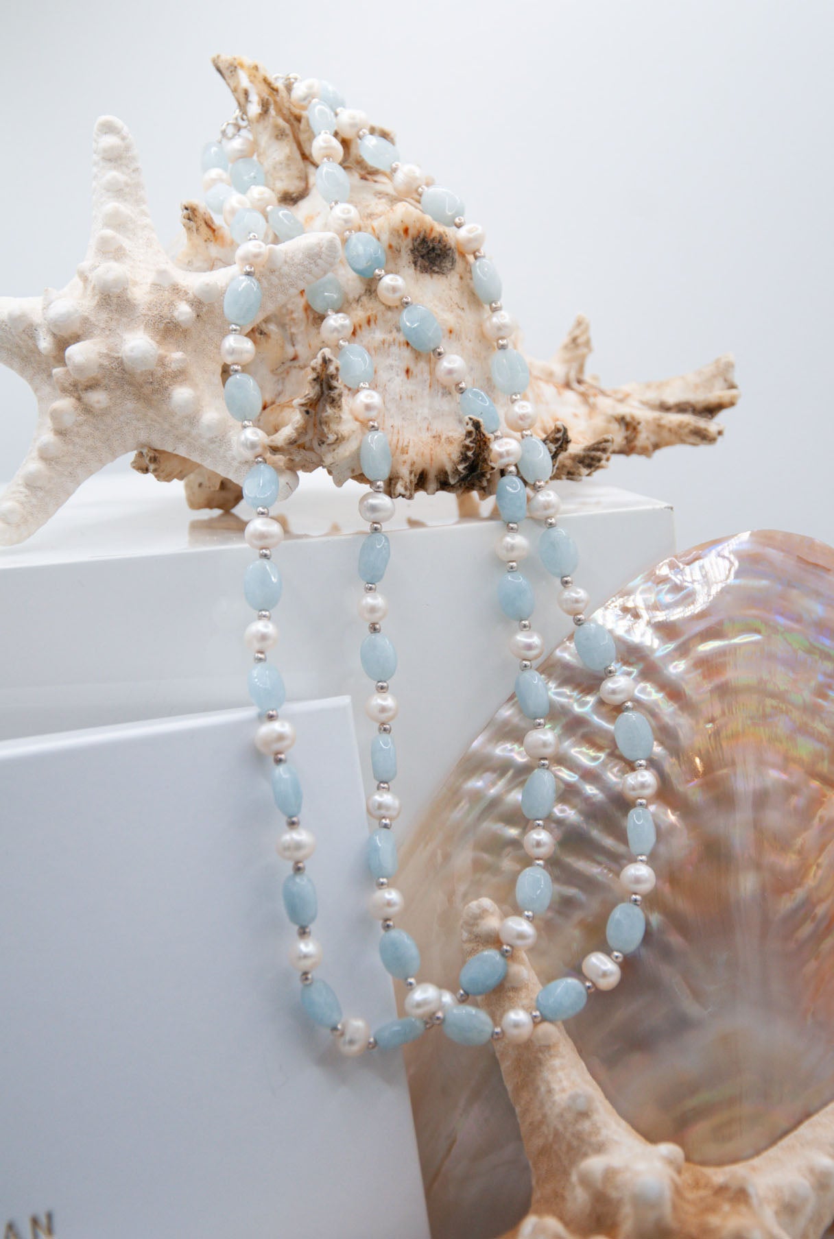 Double Strand Aquamarine & Freshwater Pearl Necklace - 121