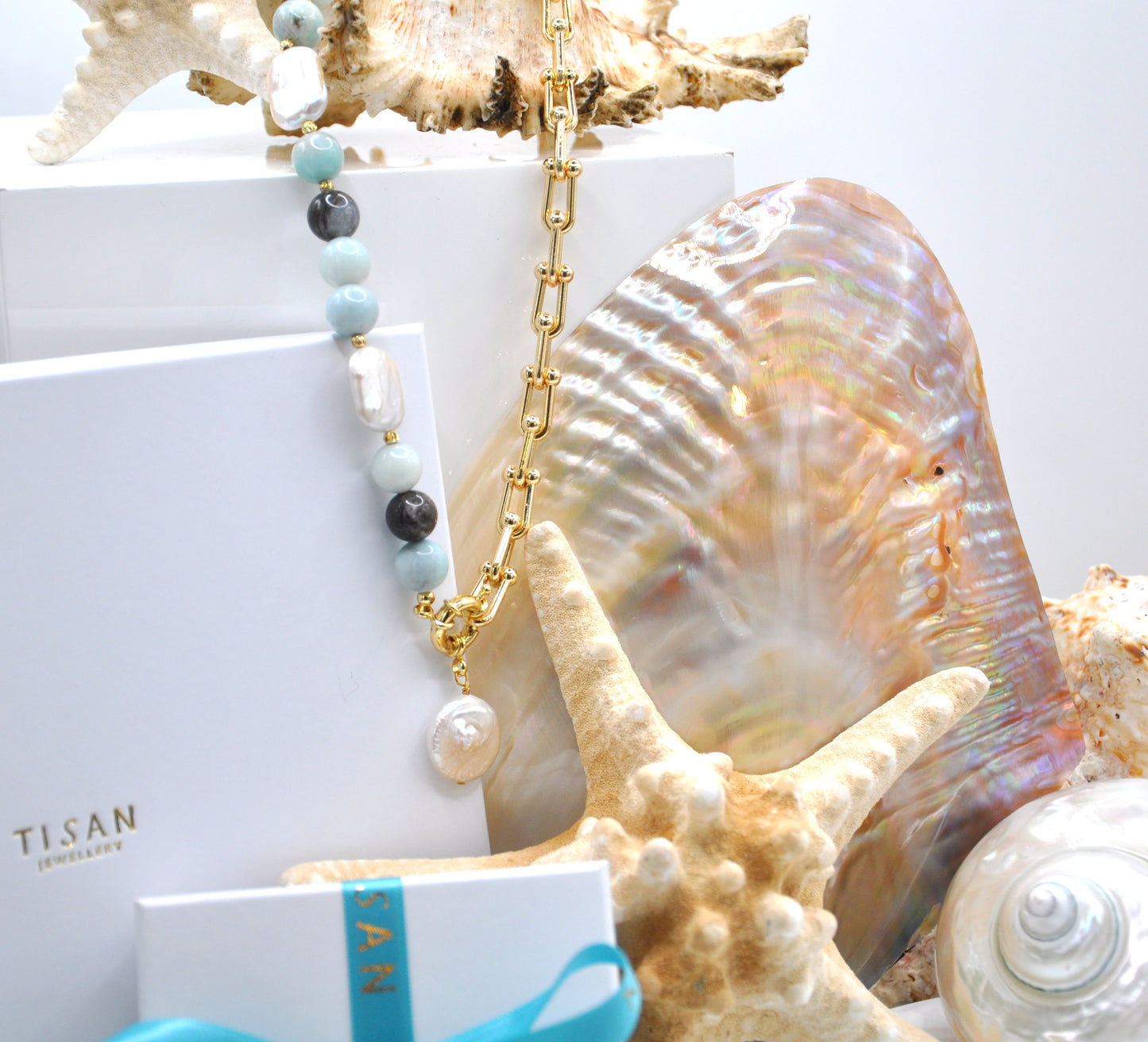 Round Amazonite & Freshwater Pearl Necklace on 18ct Gold Chain - 126