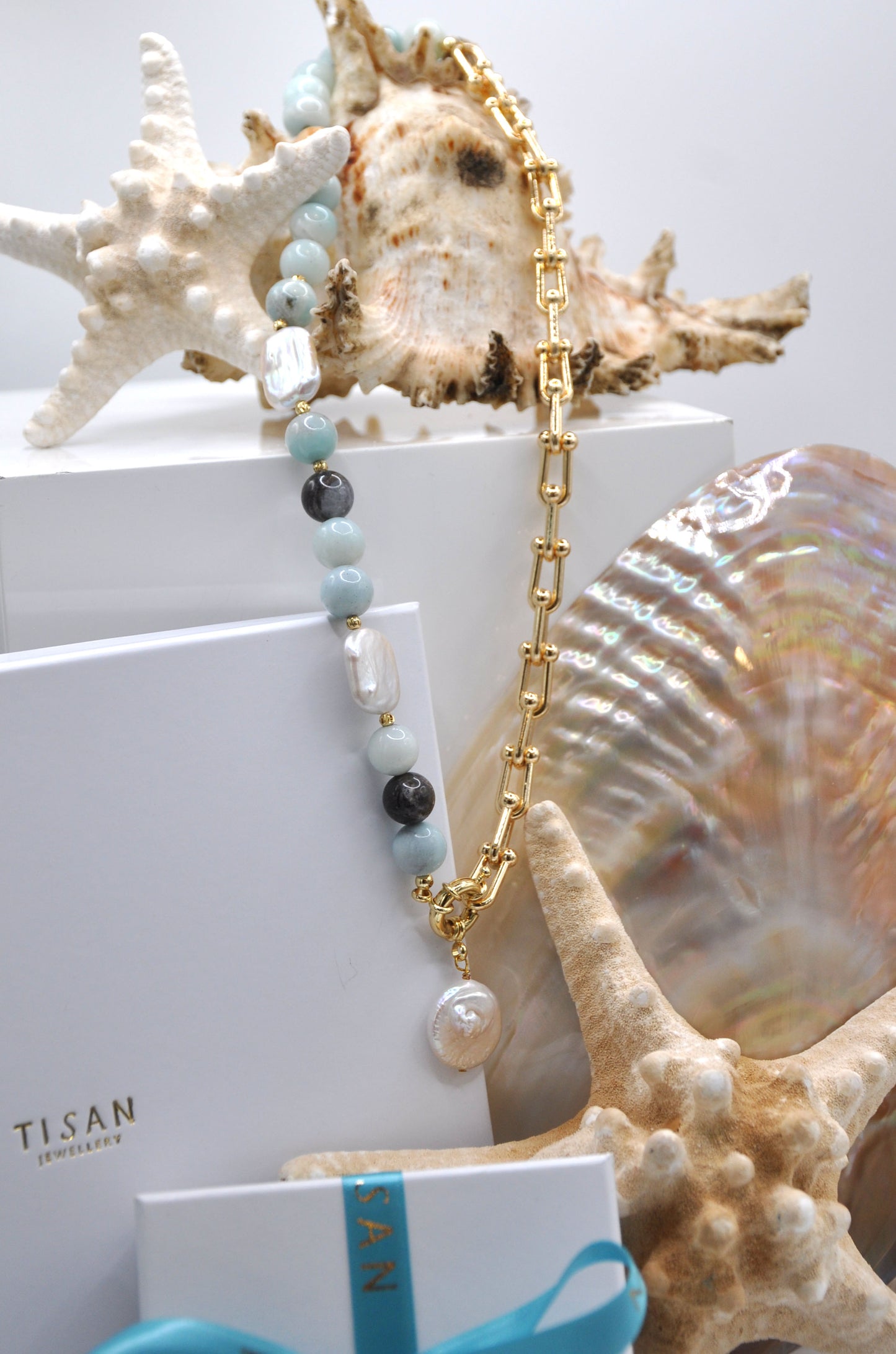 Round Amazonite & Freshwater Pearl Necklace on 18ct Gold Chain - 126